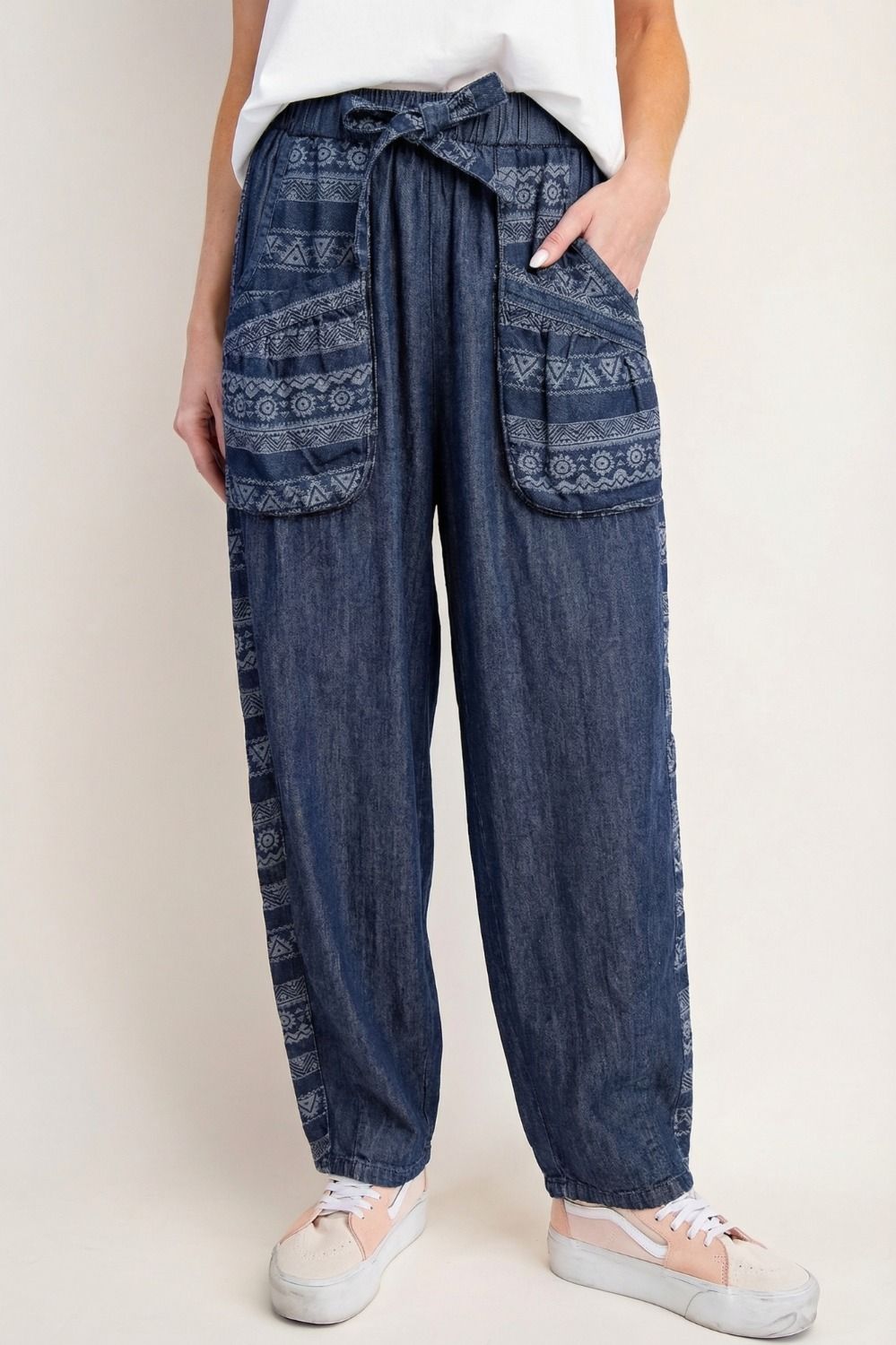 TRIBAL PATTERN MIX WASHED DENIM BARREL PANTS