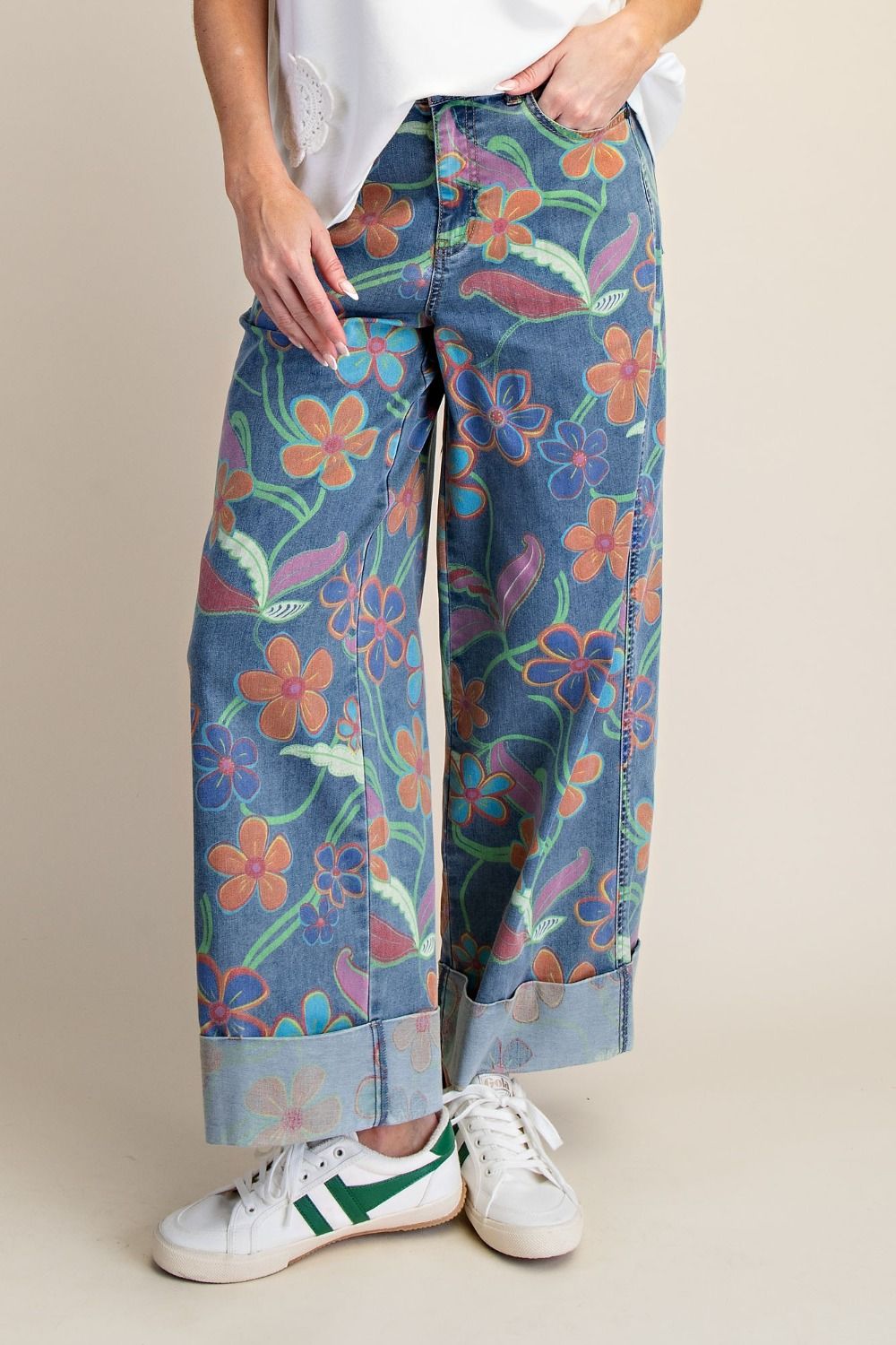 SIGNATURE PRINT WASHED STRETCH DENIM PANTS