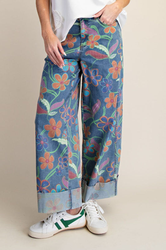 SIGNATURE PRINT WASHED STRETCH DENIM PANTS