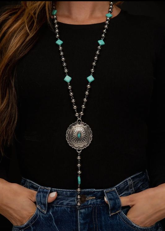 32"" Silver Disc Bead Y Necklace w/ Diamond Accent