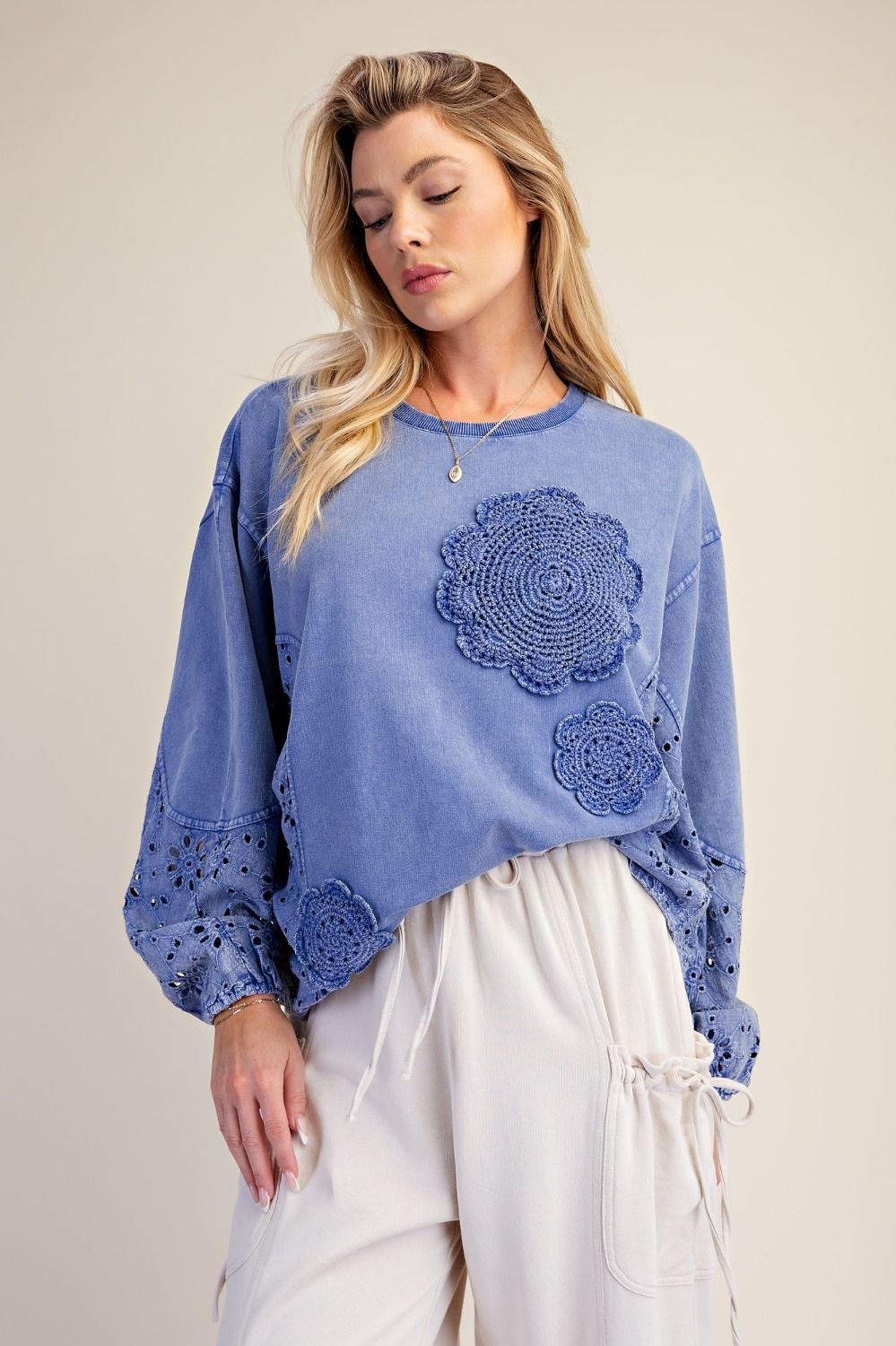 CROCHET PATCH DETAILING WASHED TERRY TOP