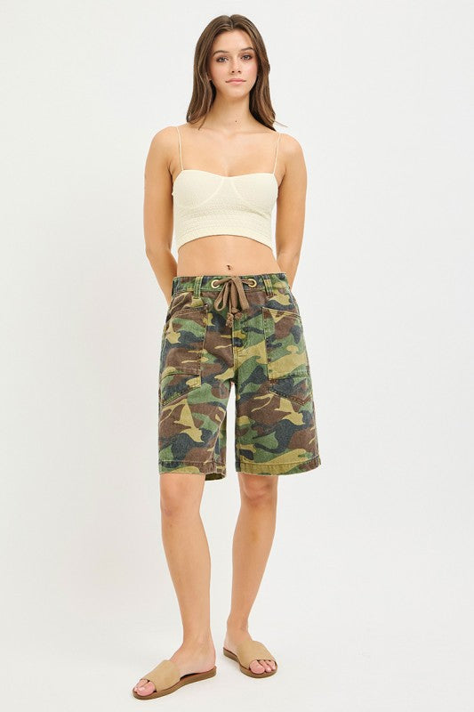 Slouchy Jorts In Camo Print And Eyelet Waistband