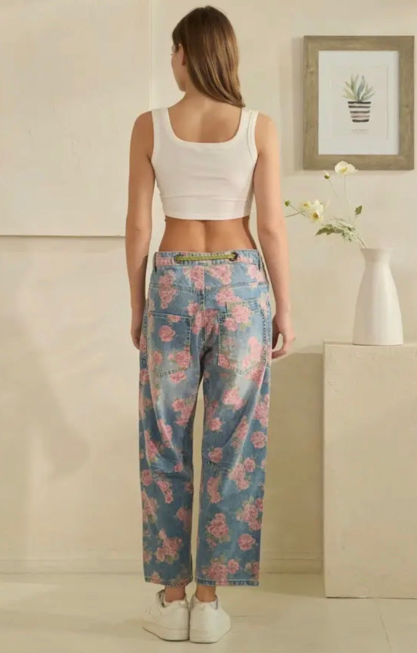 Washed Fiona Floral Print Barrel Jeans