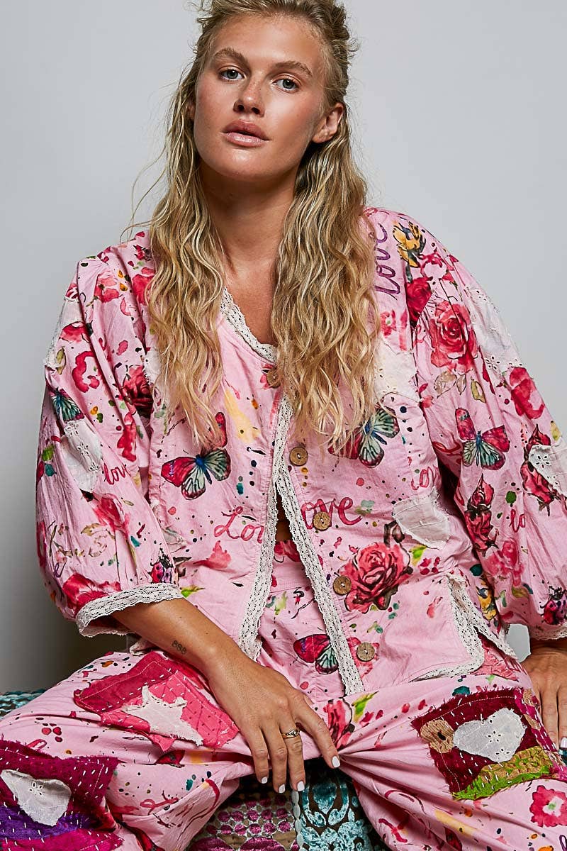 Lace Trimmed Placket Printed Vintage Star Appliqués Jacket