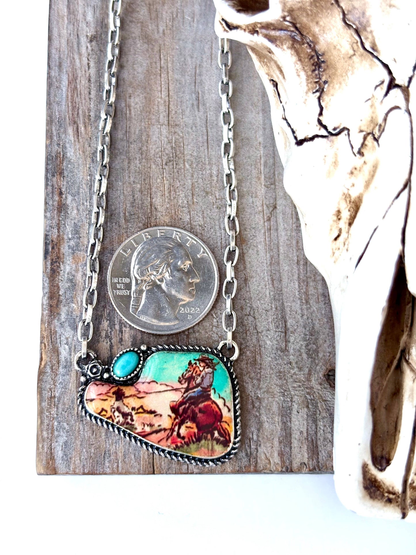 Western Rodeo Scenery with Stone Pendant Necklace