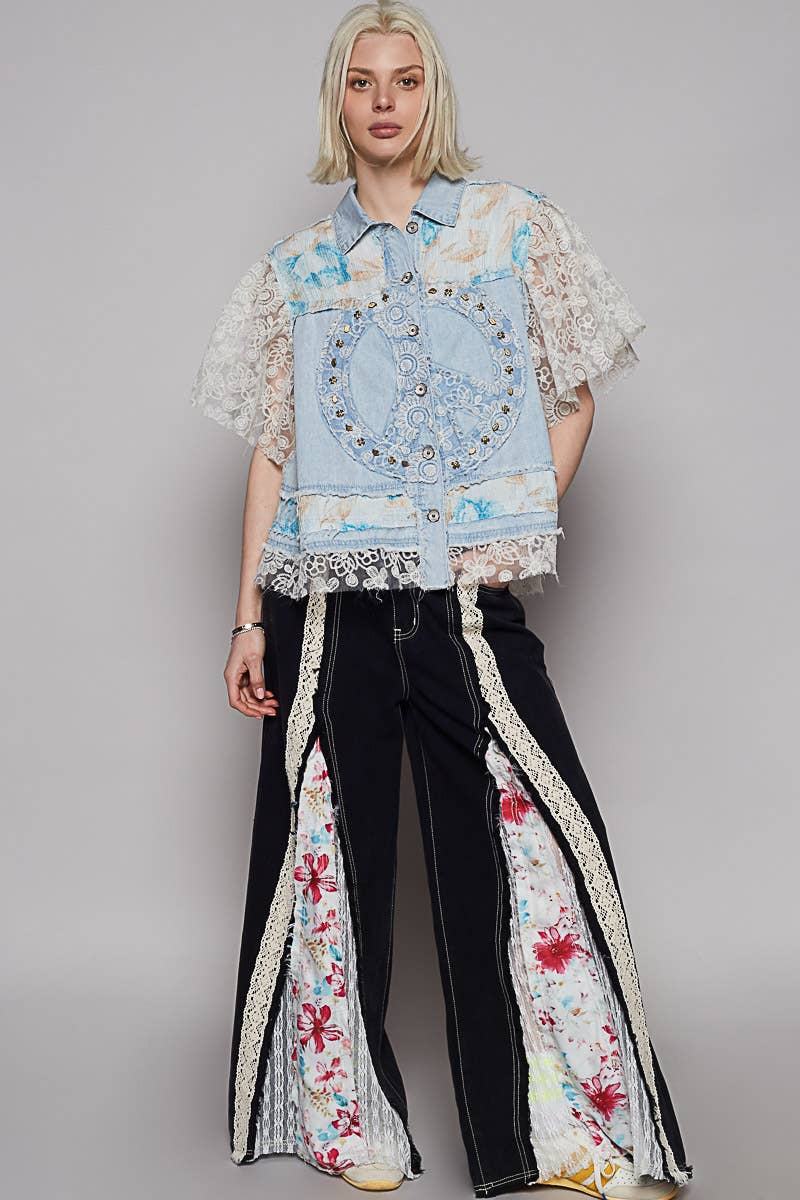 Short sleeve denim lace peace patch solid jacket