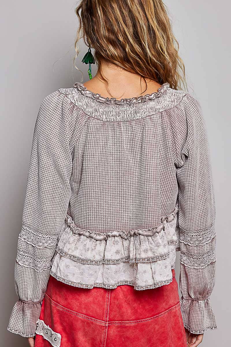 Deep V-Neck Cotton Eyelet Ruffle Balloon Sleeve Thermal Top