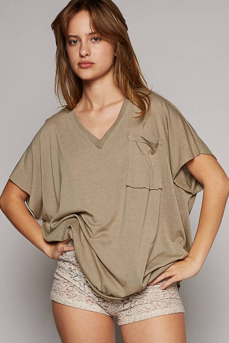 Oversized v-neck front pocket short sleeve solid top SALE