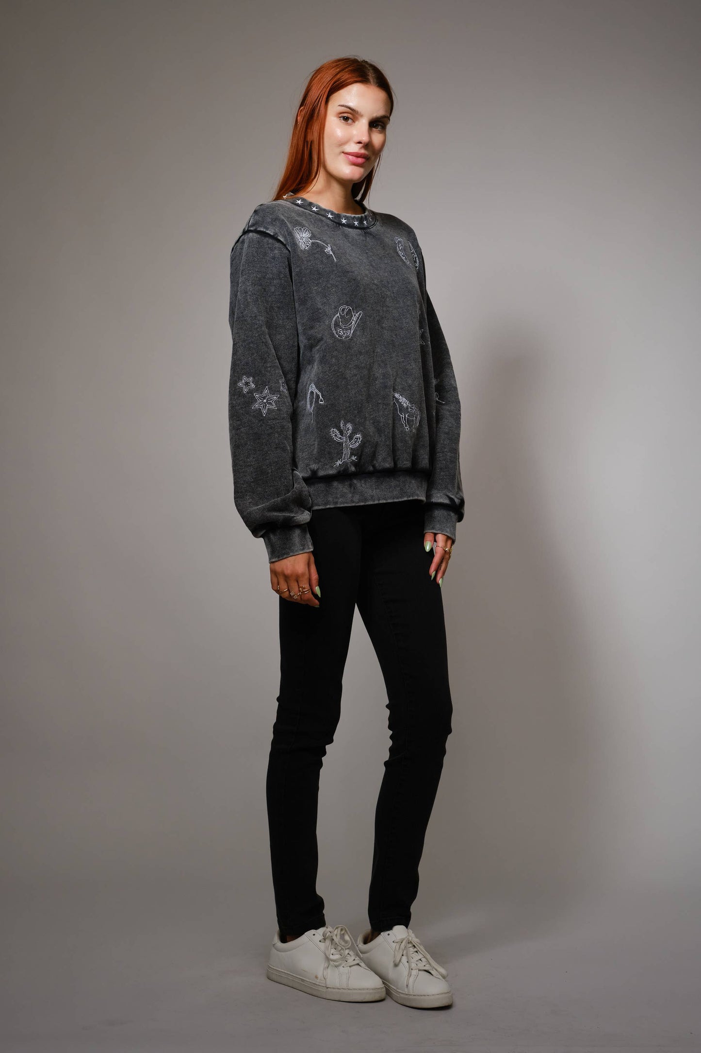 Mineral Wash Western Embroidered Sweatshirt