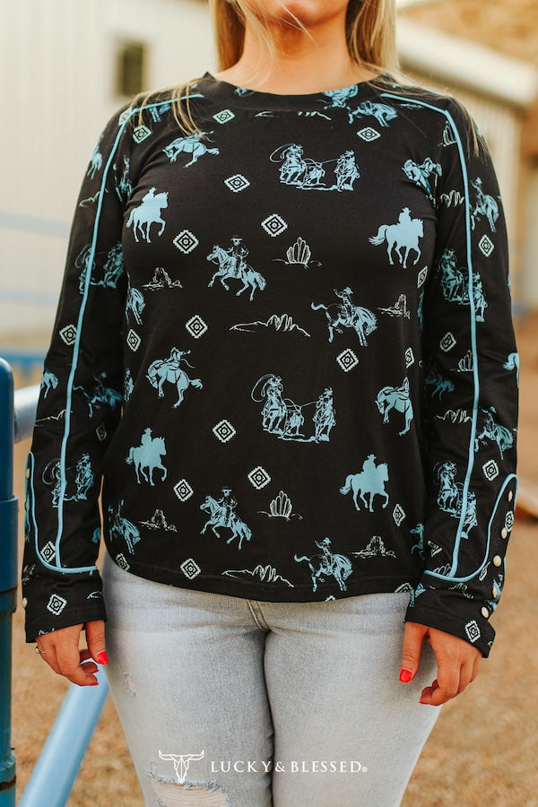 WESTERN PRINTED LONG SLEEVE PEARL SNAP CUFF PIPING DETAIL