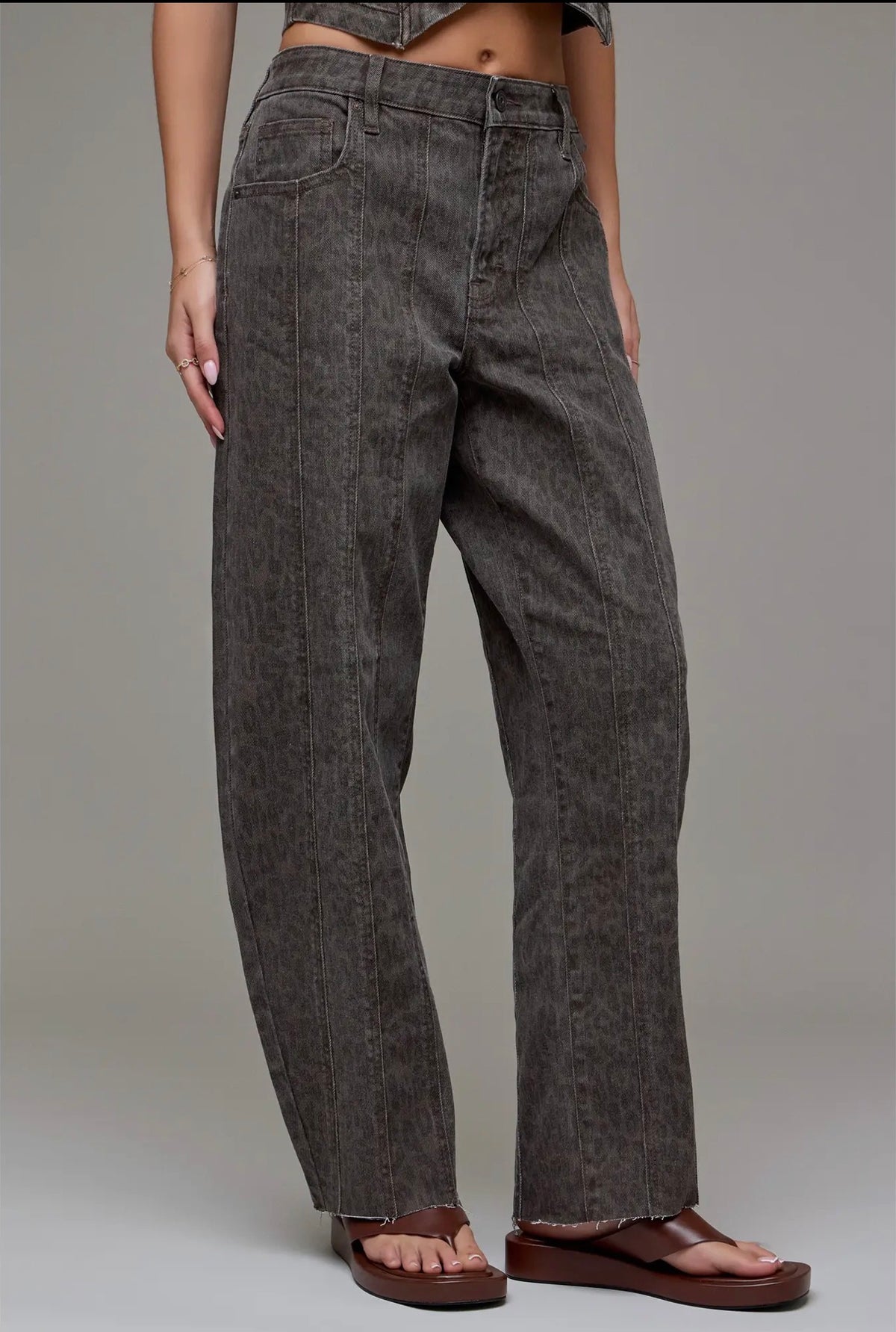 Brown cheetah seamed barrel jeans
