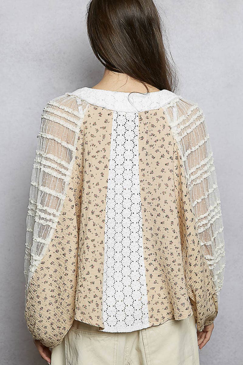 Long Sleeve V neck Lace Contrast Printed Woven Top