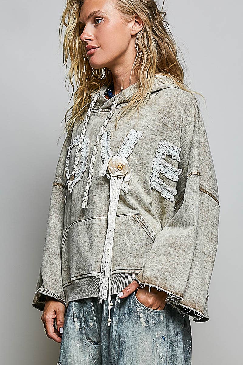 Vintage-washed French Terry LOVE Lace Crochet Patch Hoodie
