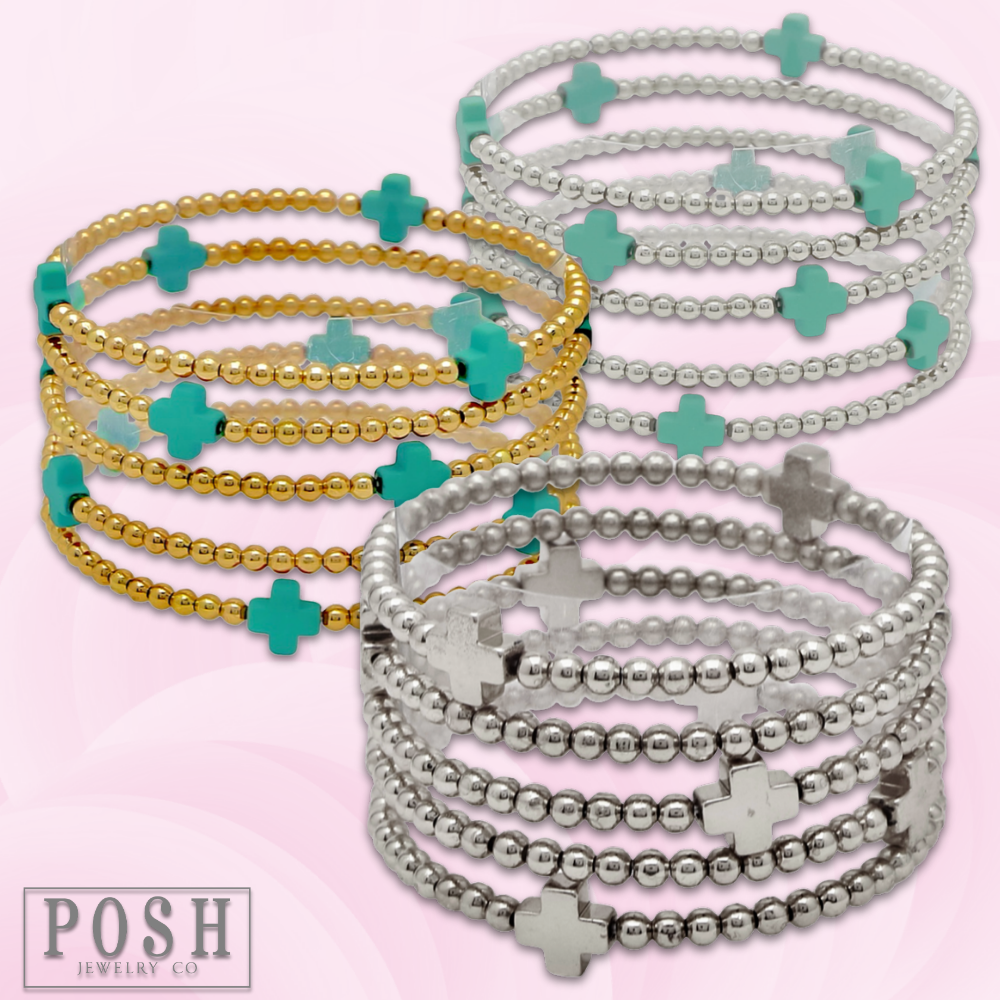 Beads and cross charm stack bracelet