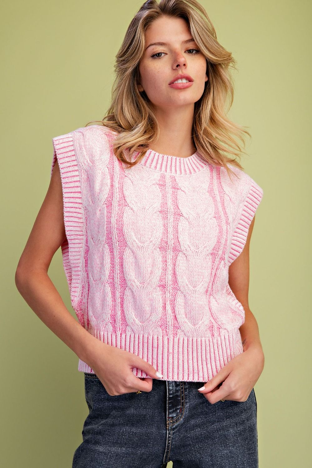 2 TONE COLOR CABLE KNIT SWEATER VEST