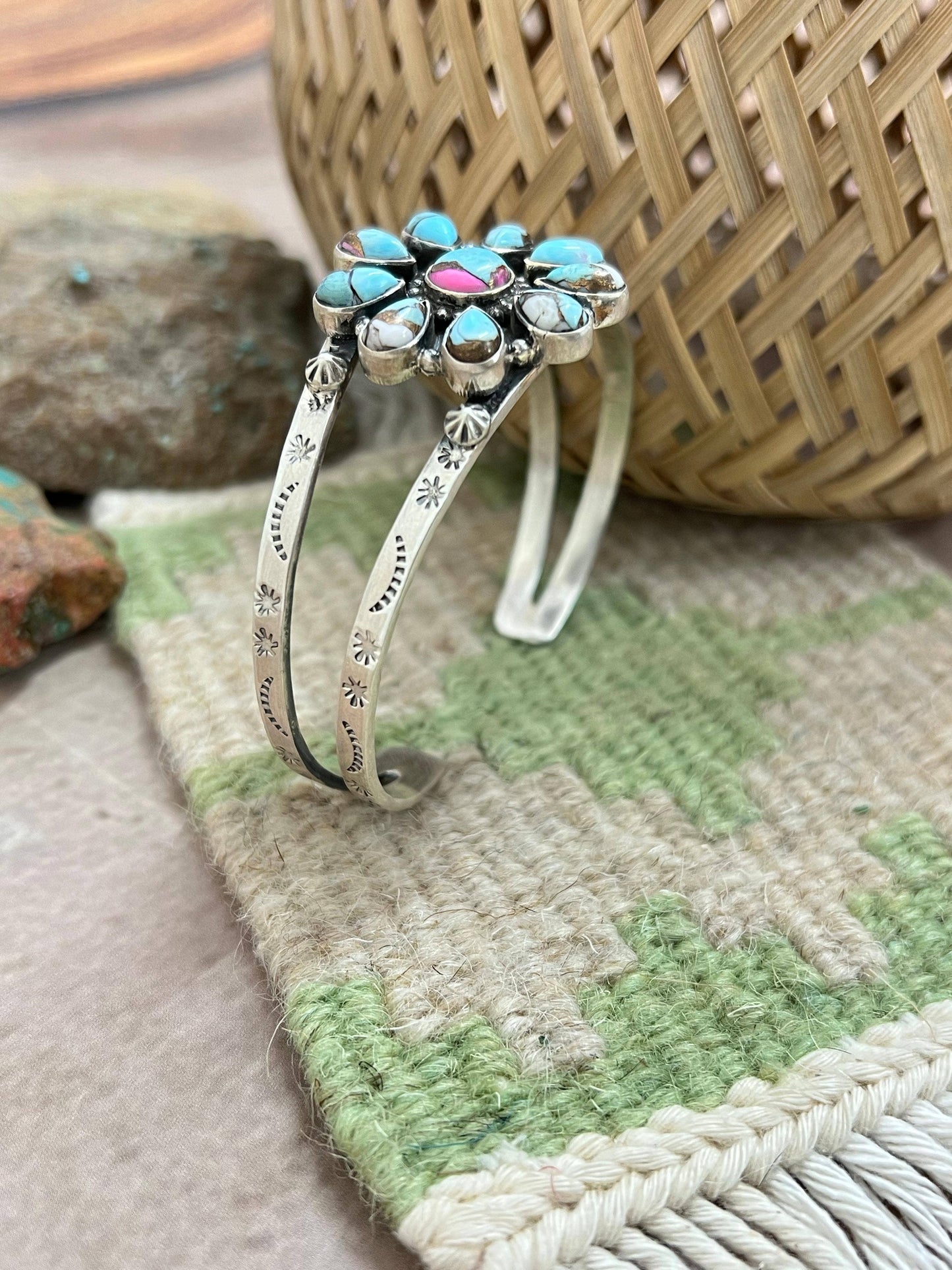 Handmade Sterling Silver Cotton Candy Turquoise Cuff Bracelet with Signed Nizhoni