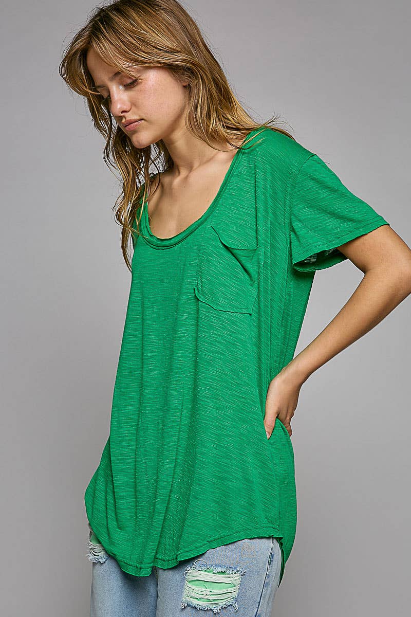 Scoop Neck Rayon Slub Tee with Pocket Front and Short Sleeve