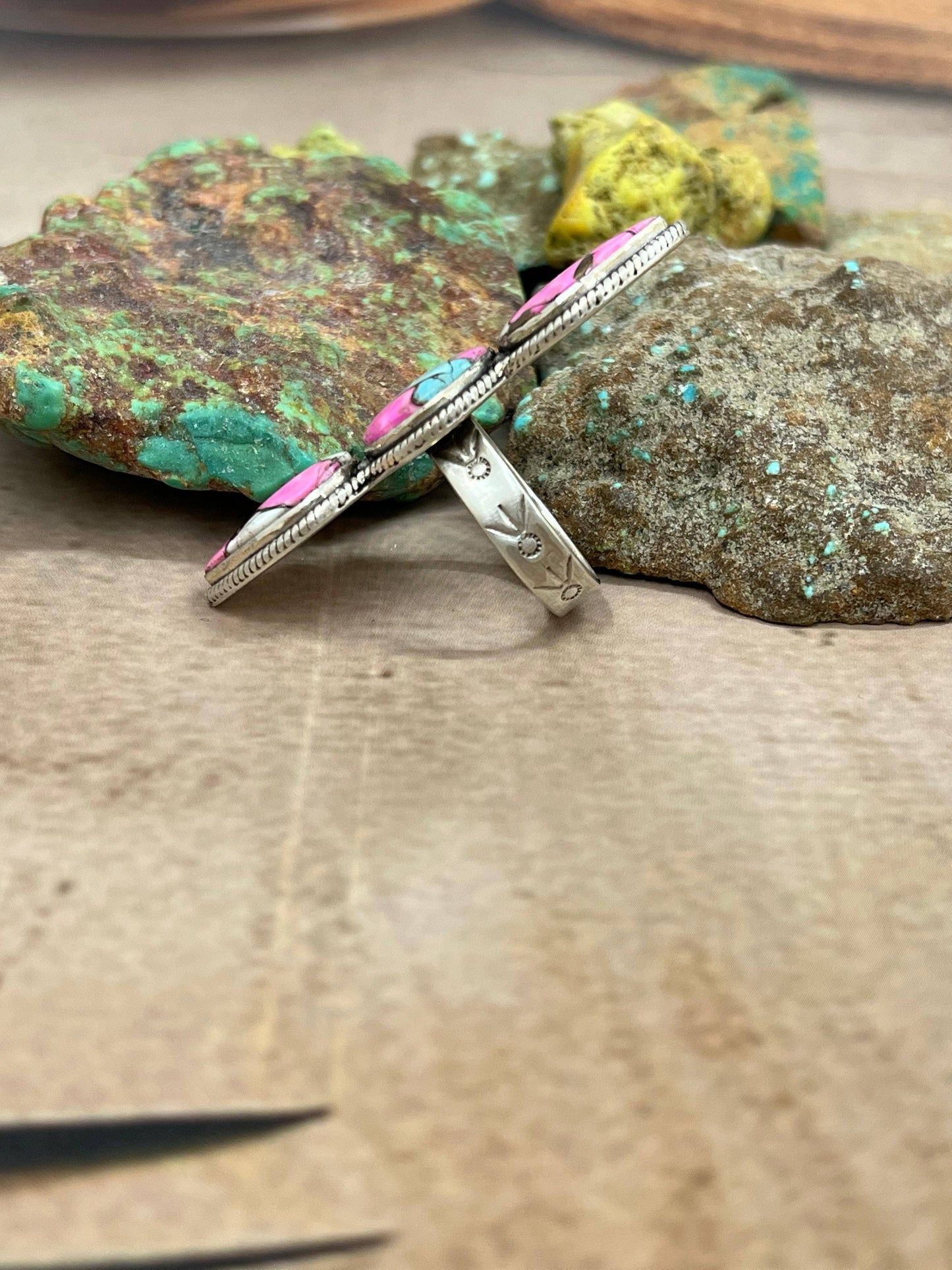 Handmade Sterling Silver Cotton Candy Turquoise Adjustable Ring with Signed Nizhoni