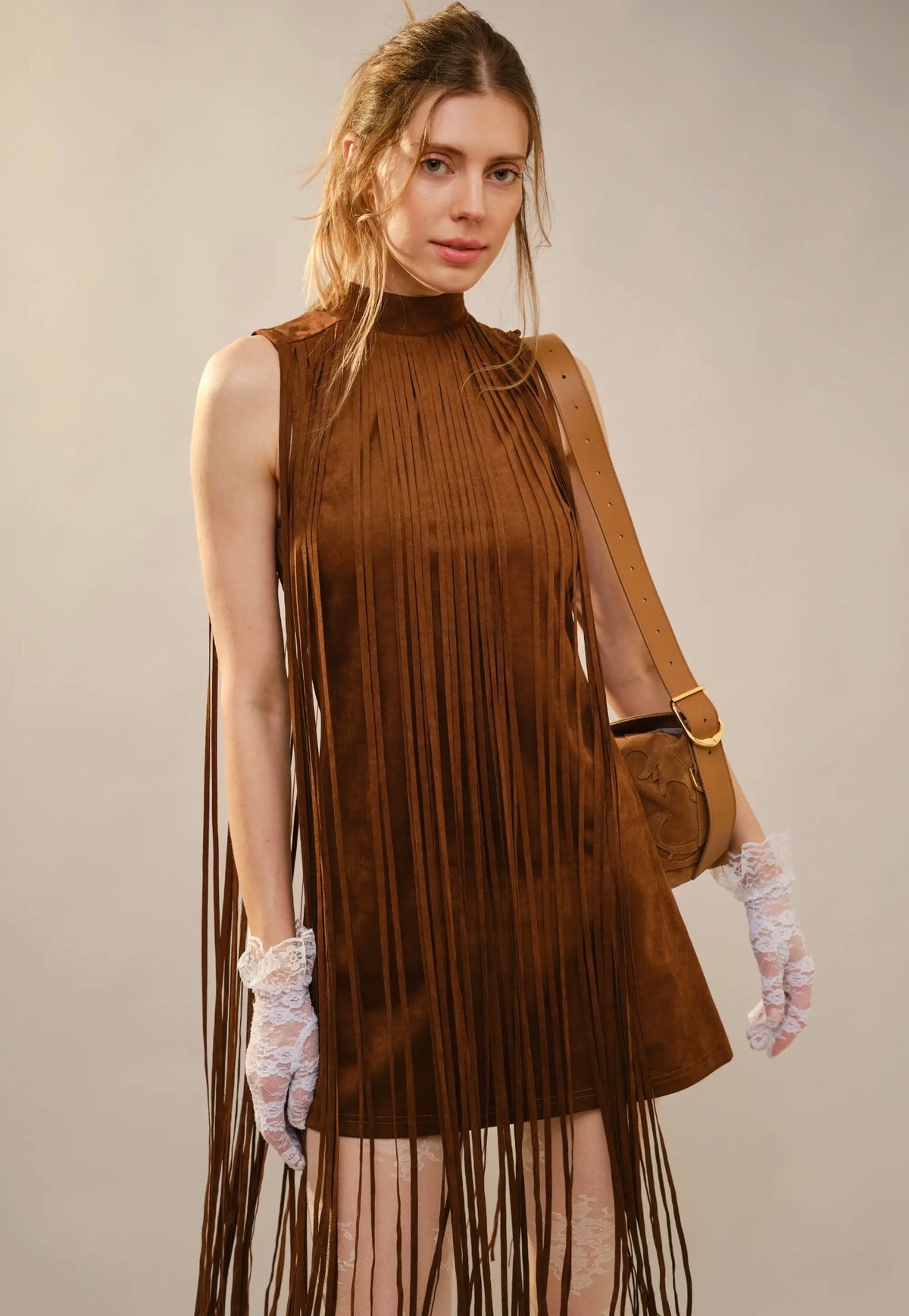 Mock Neck Suede Fringe Mini Dress