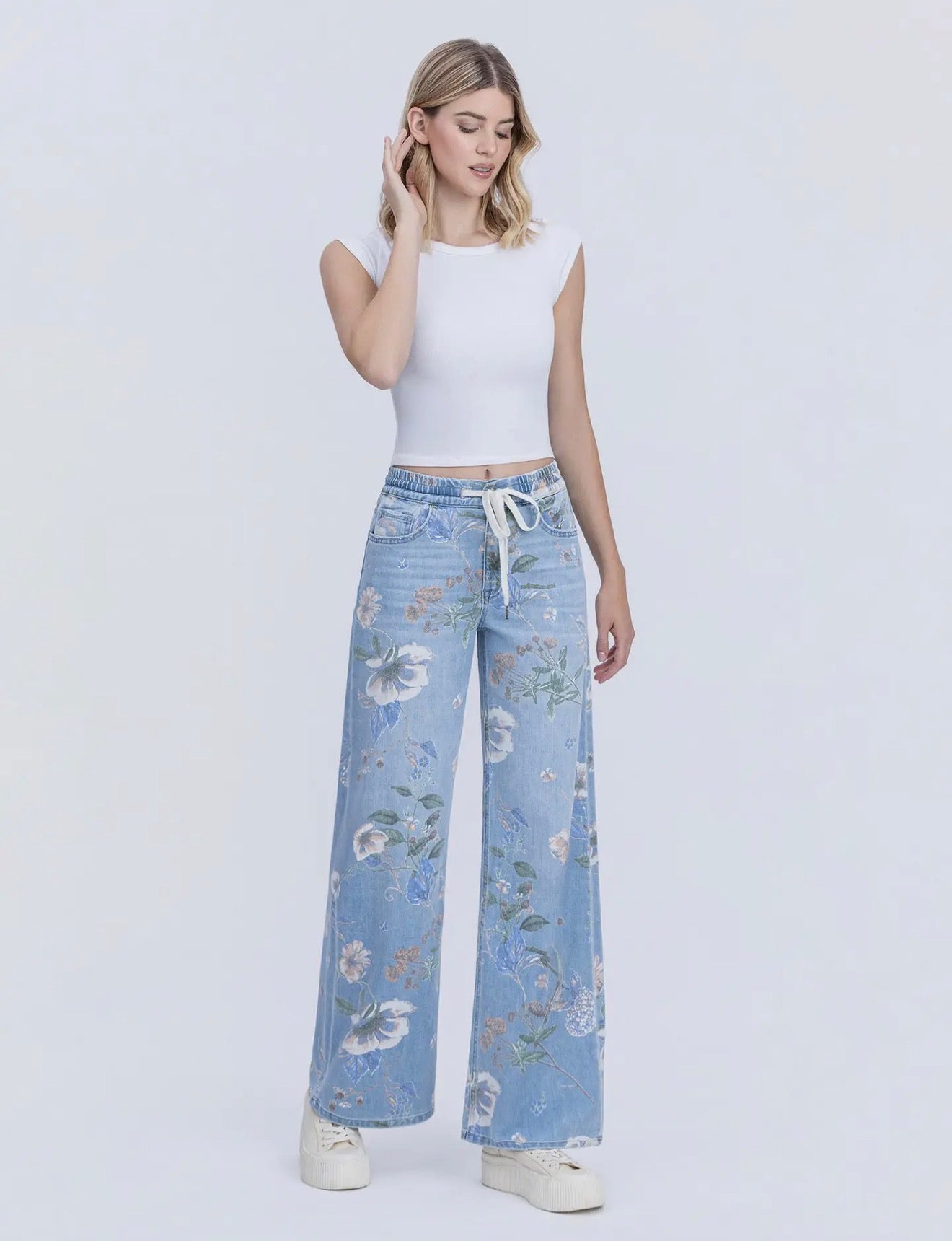 High Rise Drawstring Floral Print
Wide Jeans - VERVET by FLYING MONKEY
