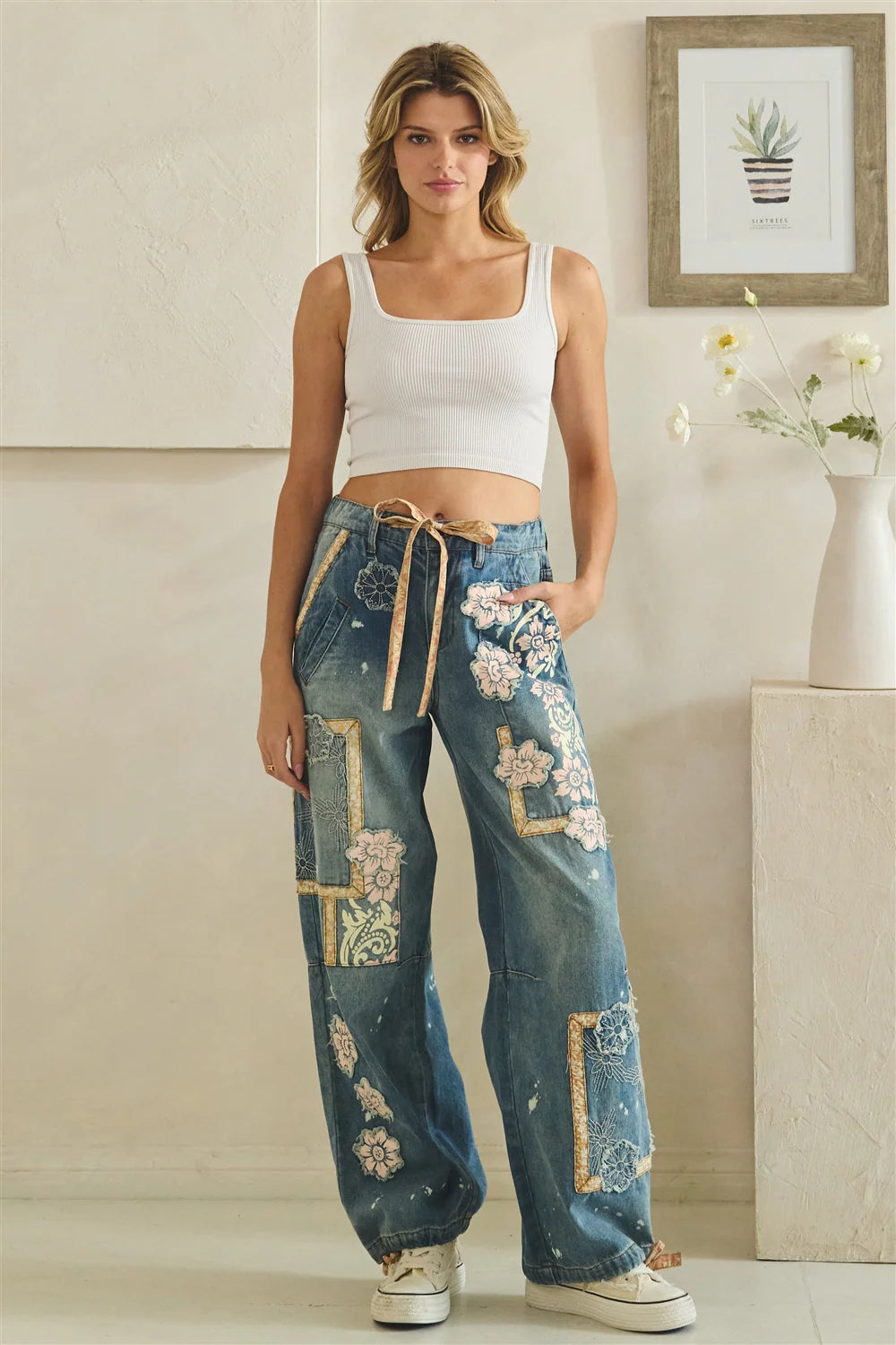 WASHED BLOCK PATCHED DENIM PANTS