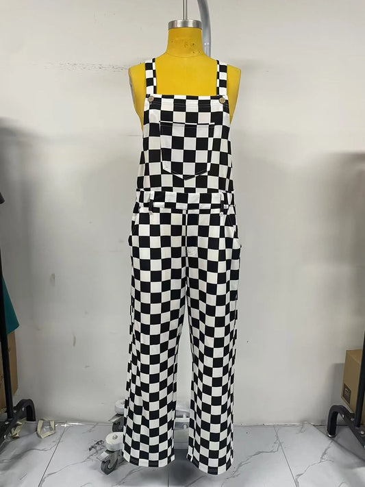Black and White Checkered Stretch Overalls