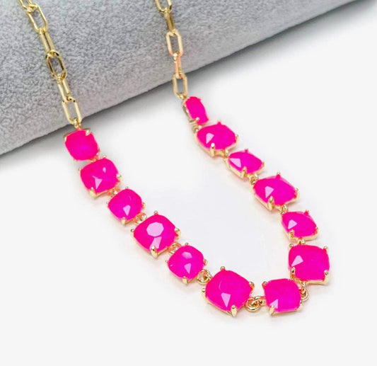 Hot Pink Squared Glass Crystal and Gold Chain 16"-18" Necklace