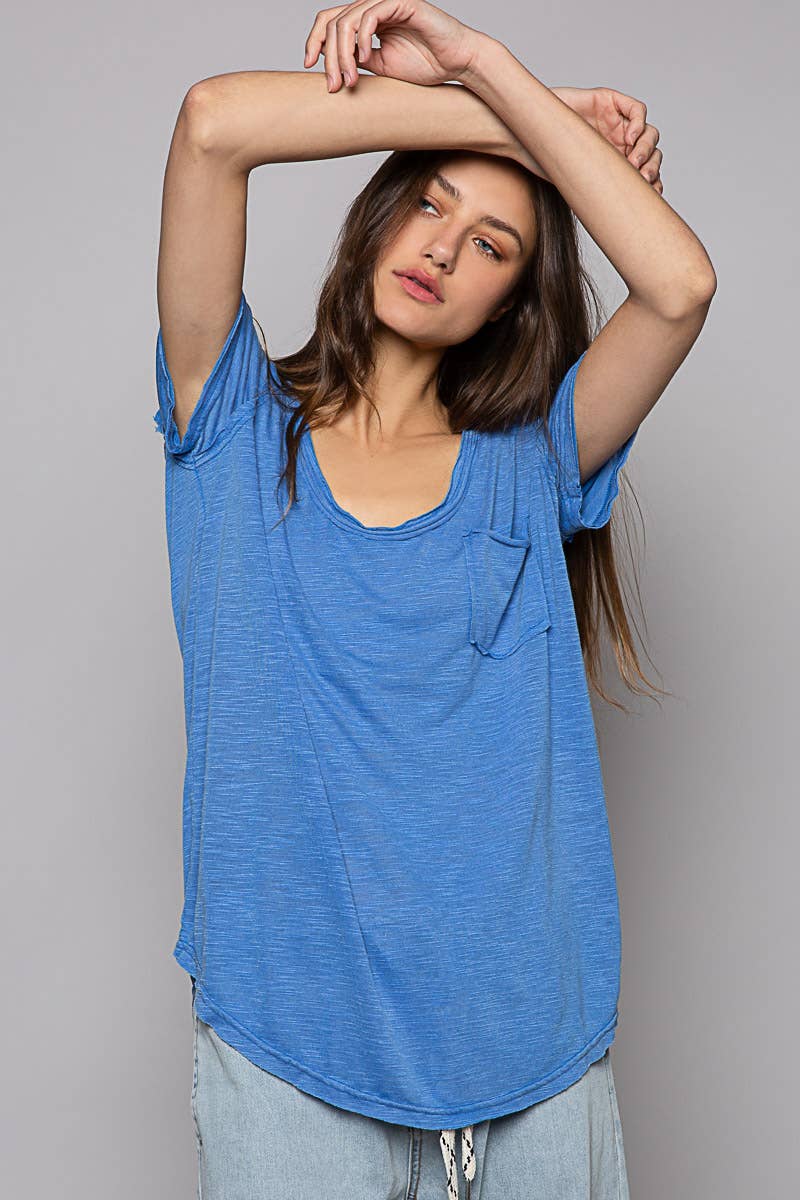 Scoop Neck Rayon Slub Tee with Pocket Front and Short Sleeve
