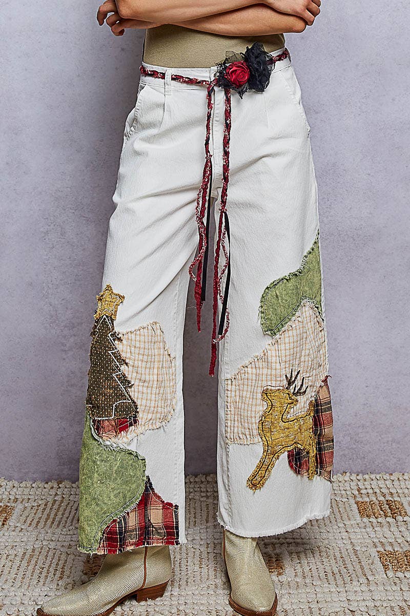 Christmas Woodland Patchwork Embroidered Wide Leg Pants