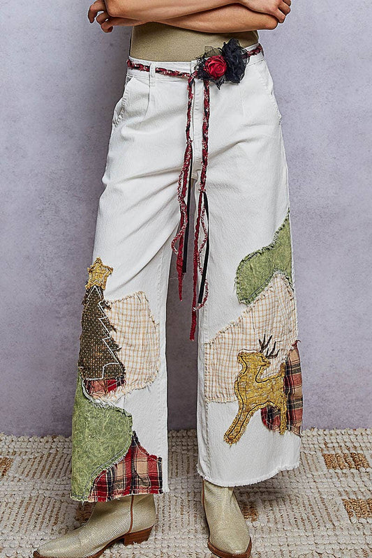 Christmas Woodland Patchwork Embroidered Wide Leg Pants