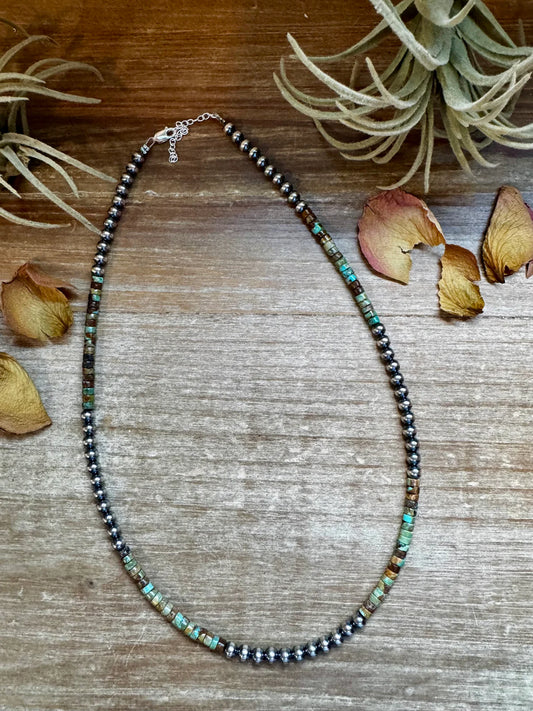 Sterling Silver Pearl & Green
Heishi Turquoise Necklace - 19"