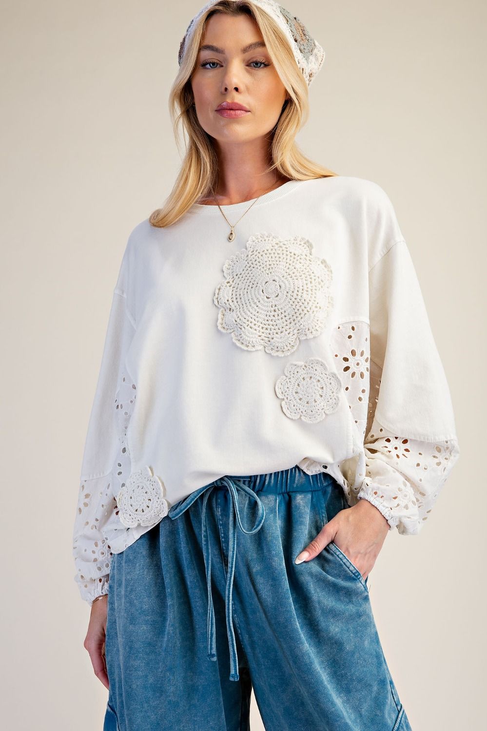 CROCHET PATCH DETAILING WASHED TERRY TOP