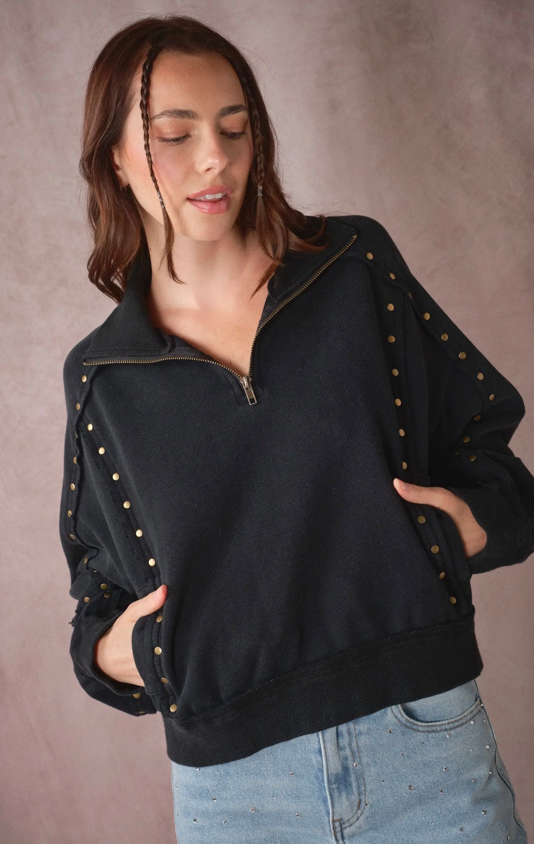 Studded Half-Zip Sweatshirt