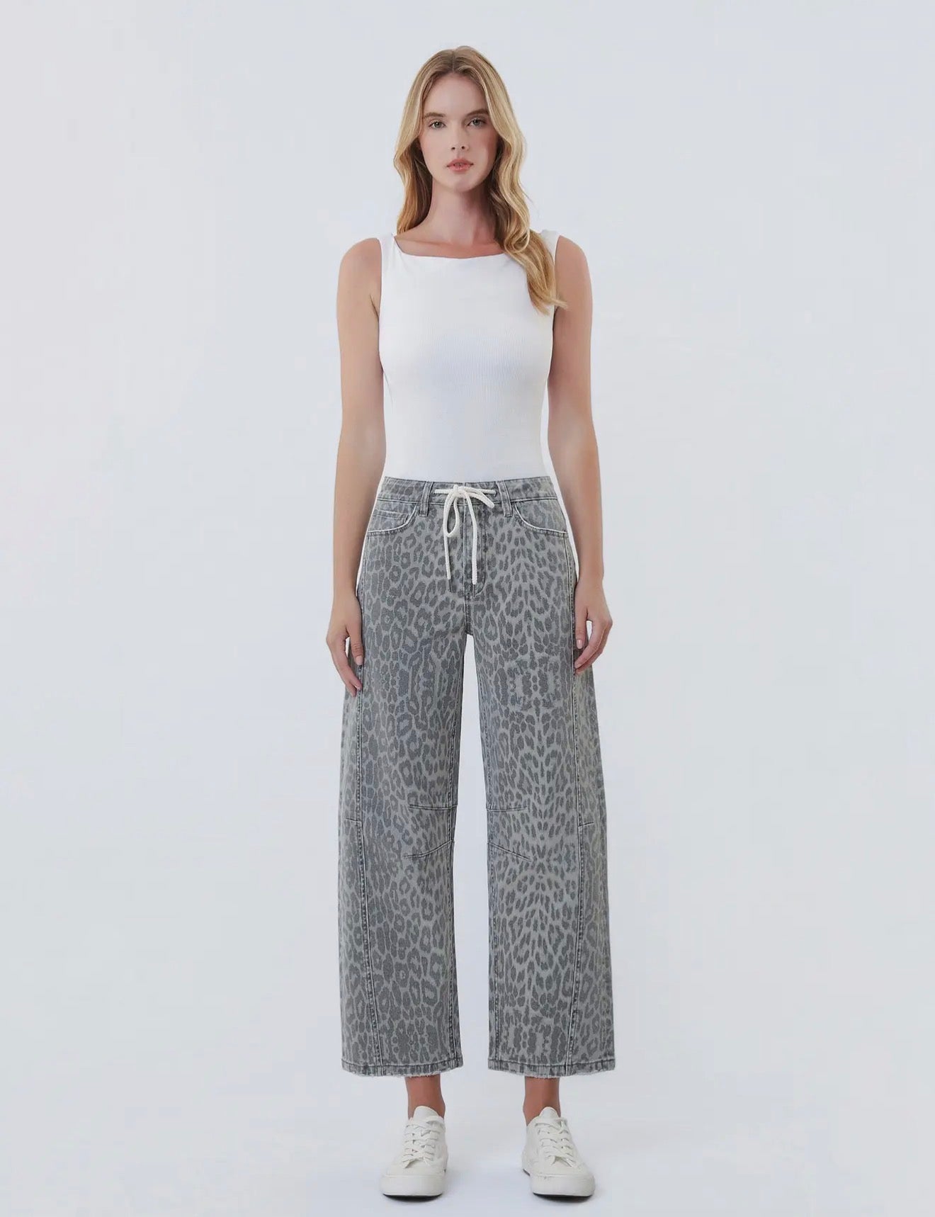 High Rise Drawstring Grey Leopard Barrel Jeans by Vervet