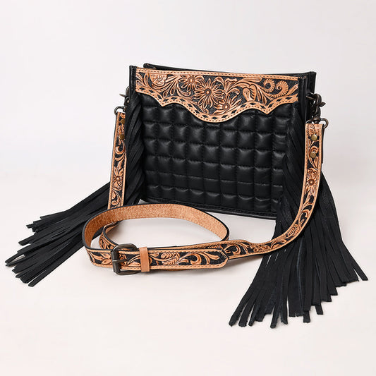 Black Genuine Leather Crossbody Bag with Hand-Tooled Details and Fringes