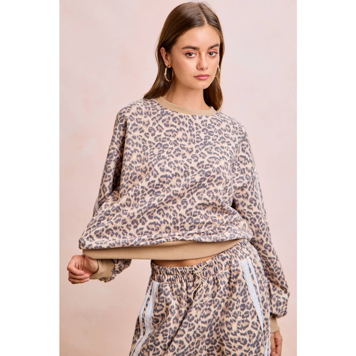 LEOPARD FRENCH TERRY LACE CONTRAST SWEATSHIRT TOP