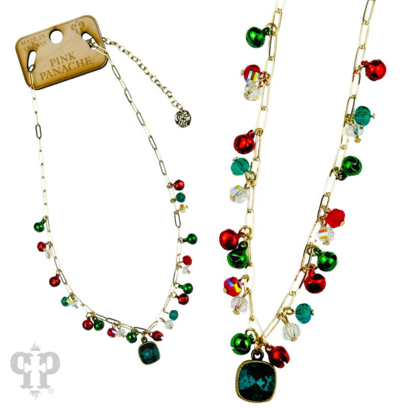 Christmas bell chain link pendant necklace, Austrian crystal