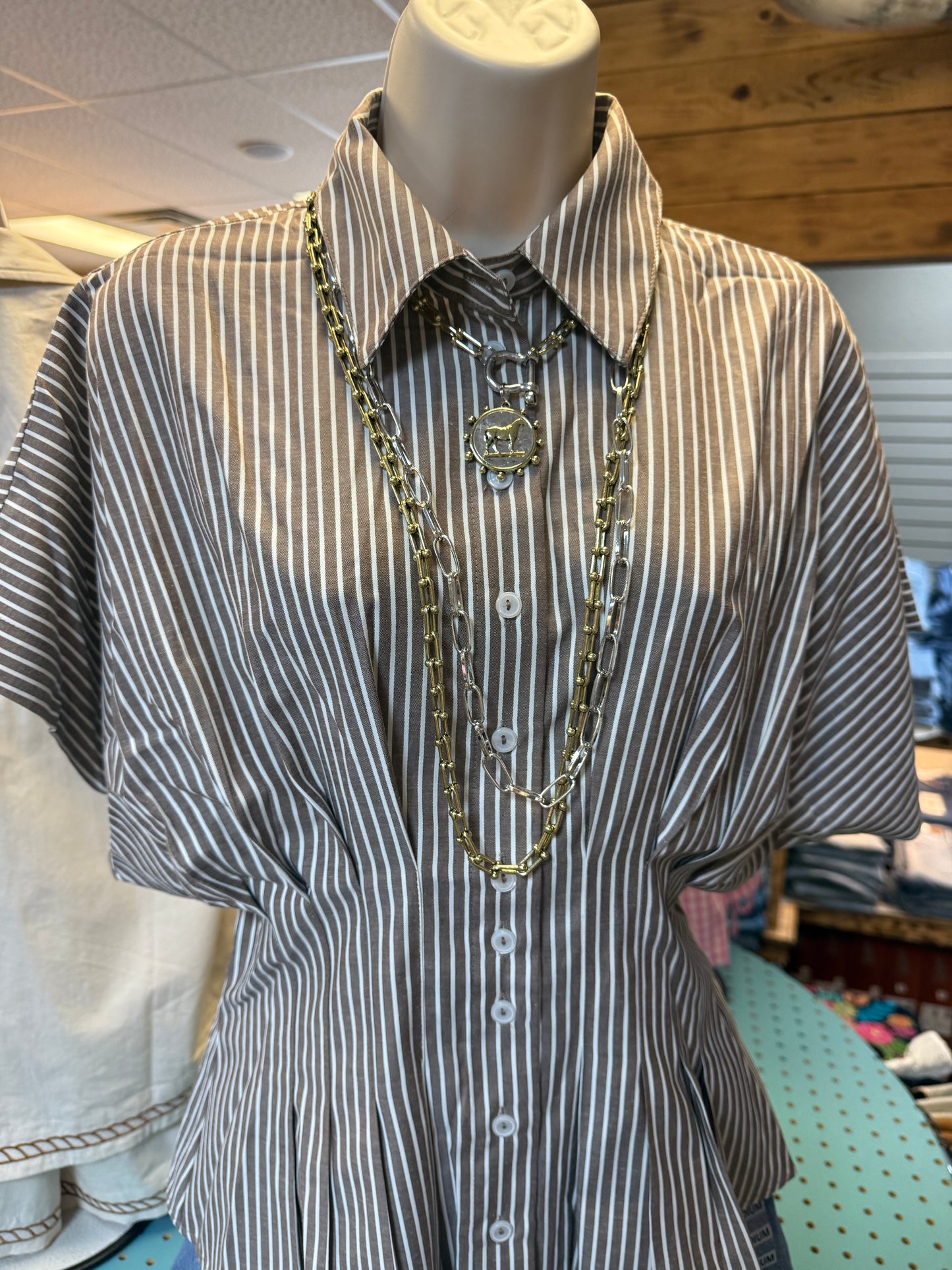 Striped Button Down Pleated Top