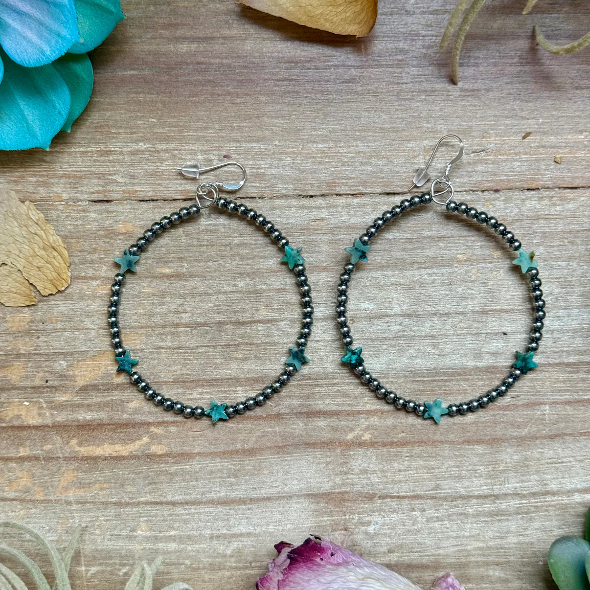 African Turquoise Star Hoop Earrings - 3mm Sterling Silver