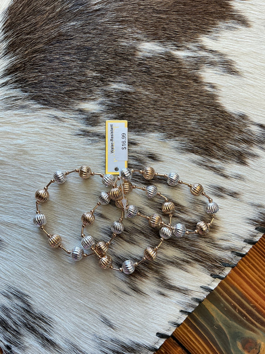 Water resistant Set of 3 10MM Gold and Silver Textured Beaded Stretch Bracelets