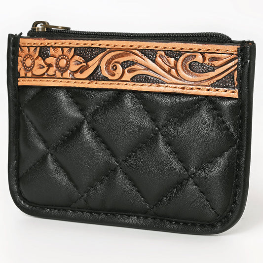 Hand-Tooled Floral Leather Western Coin Purse - Quilted Design