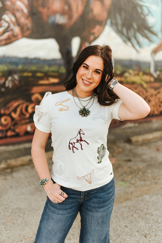 COWBOY ICONS EMBROIDERED PUFF SLEEVE TOP