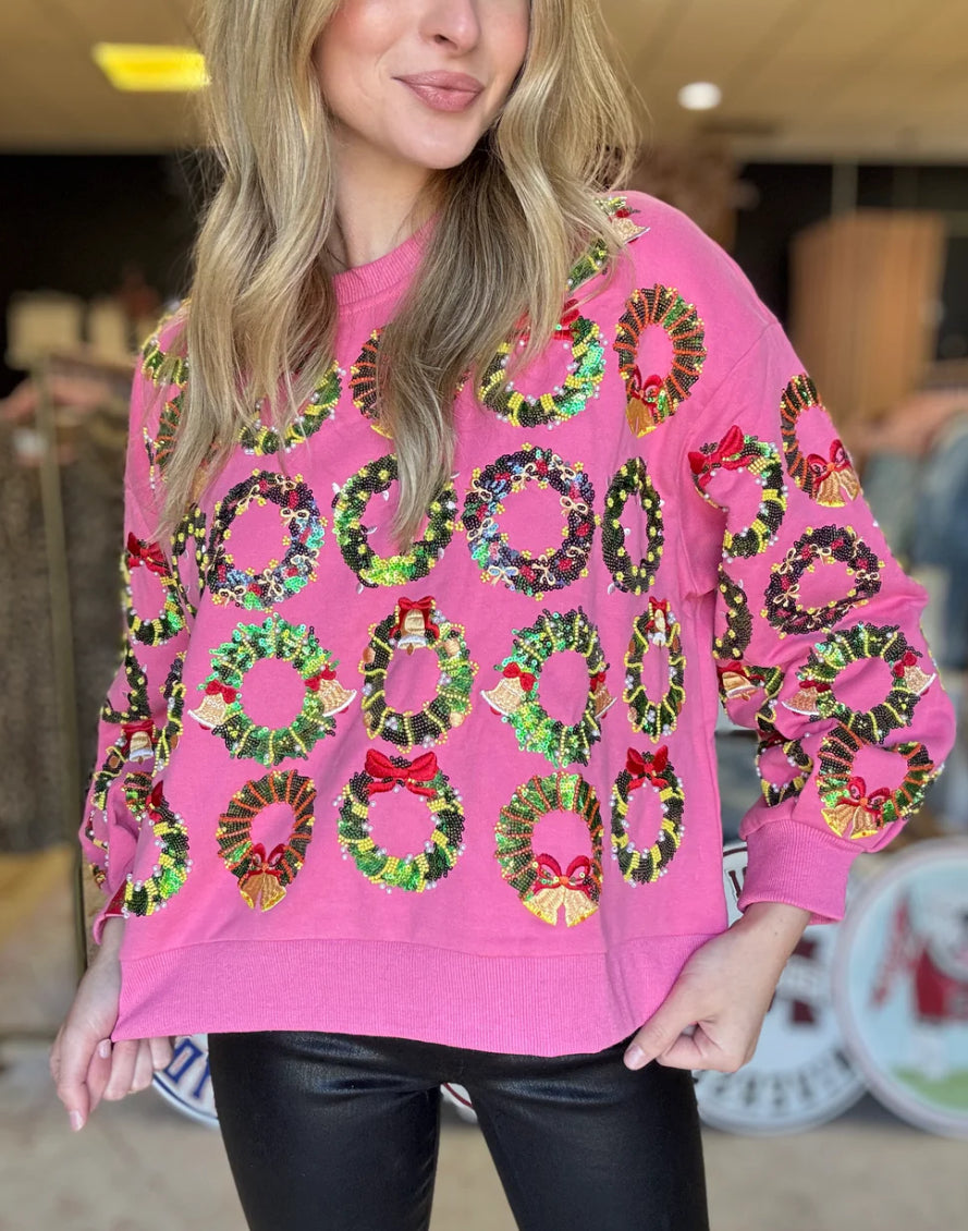 QOS Hot Pink Wreath Pullover