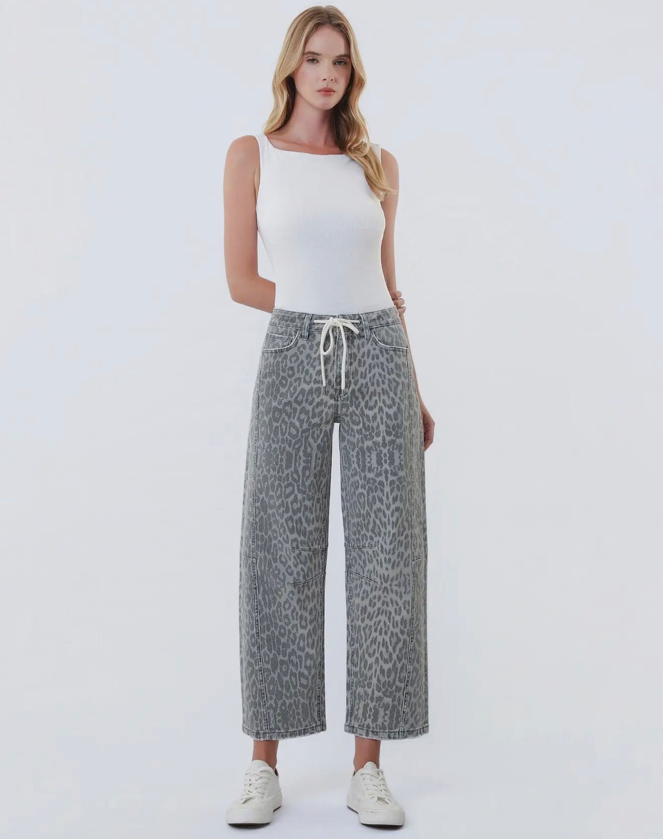High Rise Drawstring Grey Leopard Barrel Jeans by Vervet