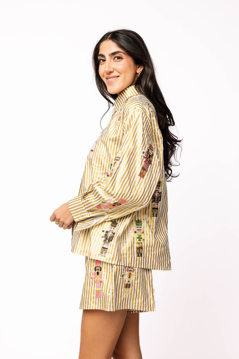 Queen Of Sparkles Gold Metallic Stripe Cocktail Serving Nutcracker Button Up
Top