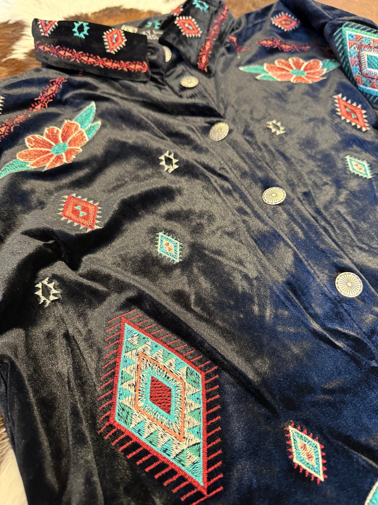 BLACK VELVET BUTTON DOWN FLORAL AZTEC EMBROIDERED DETAIL LONG SLEEVE DRESS