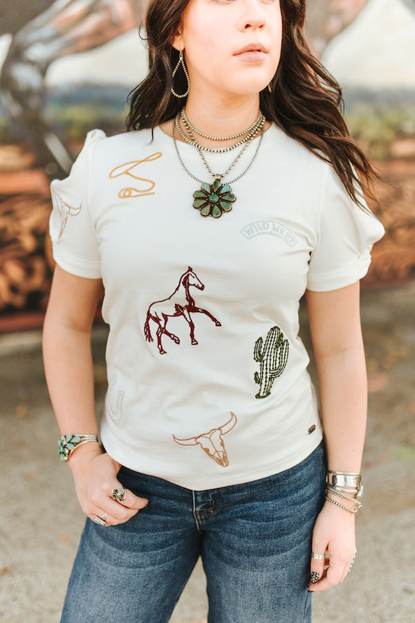COWBOY ICONS EMBROIDERED PUFF SLEEVE TOP