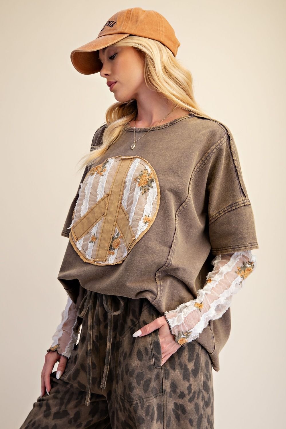 PEACE PATCH FRONT WASHED KNIT TOP - Plus Size
