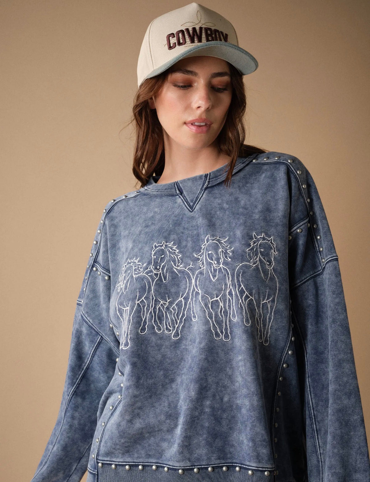 Horse Embroidery Stud Sweatshirt