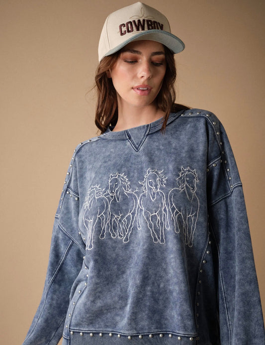 Horse Embroidery Stud Sweatshirt